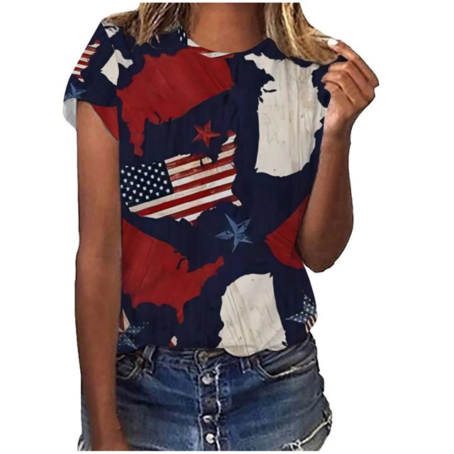 T-Shirts du 4 Juillet pour Femmes, T-Shirts Graphiques Mignons pour la Journée de l'Indépendance, Manches Courtes Décontractées Col Rond Tops d'Été 2023