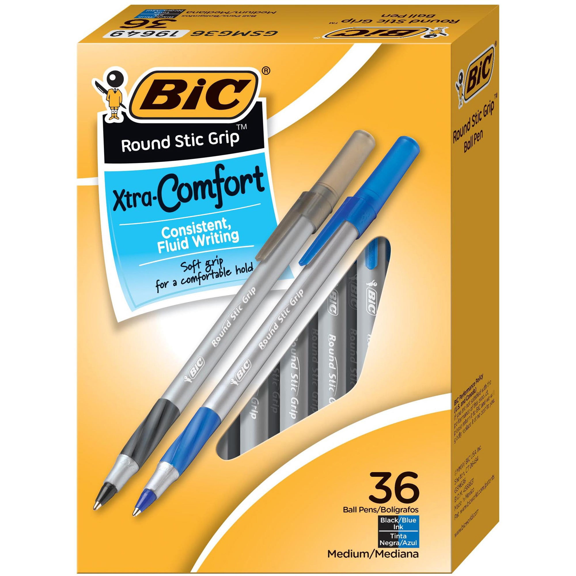 BIC Round Stic Grip Ballpoint Pen, 1.2 mm Medium Tip, Black/Blue, pk of 36