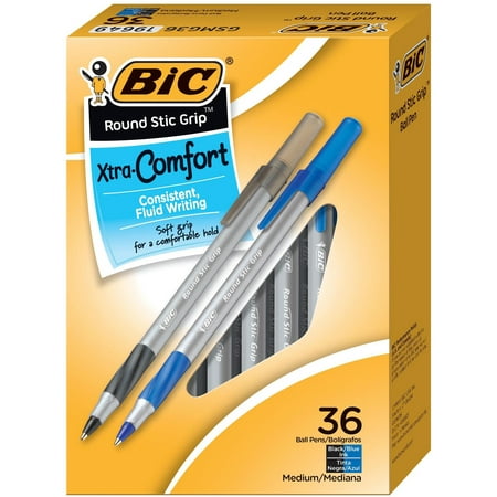 BIC Round Stic Grip Xtra Comfort Ballpoint Pen, Black/Blue, 1.2mm, Medium, (Best Ballpoint Pen For Writing)