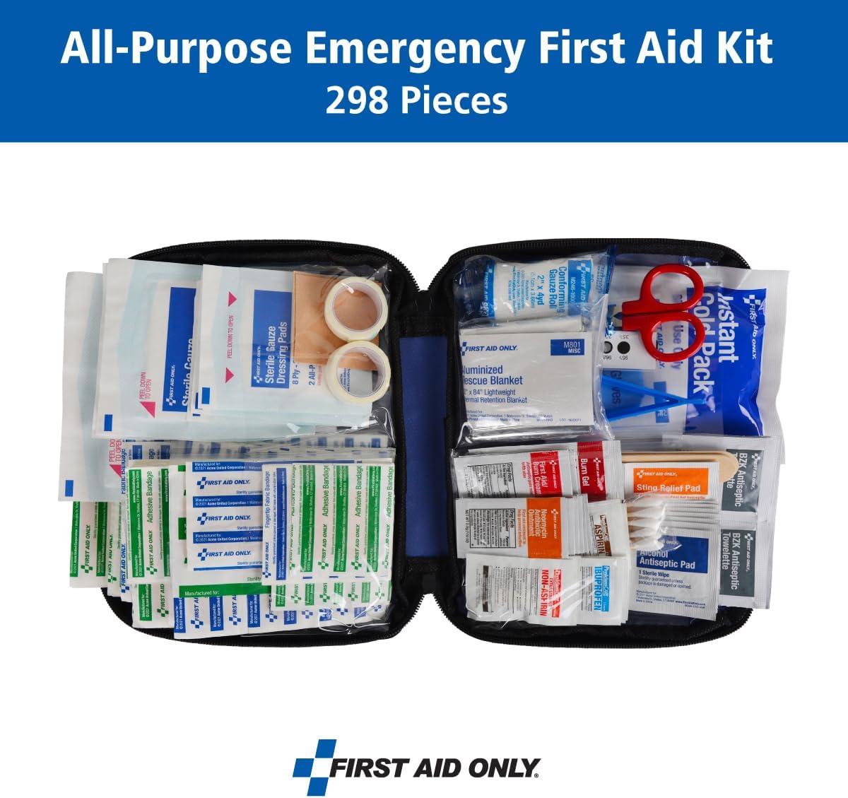 298 Piece All-Purpose Emergency First Aid Kit for Home, Office, Car, Apartment, Dorm, and Camping, Travel-Friendly Compact Pouch Fits in Backpacks, Suitcases, Cabinets, Drawers