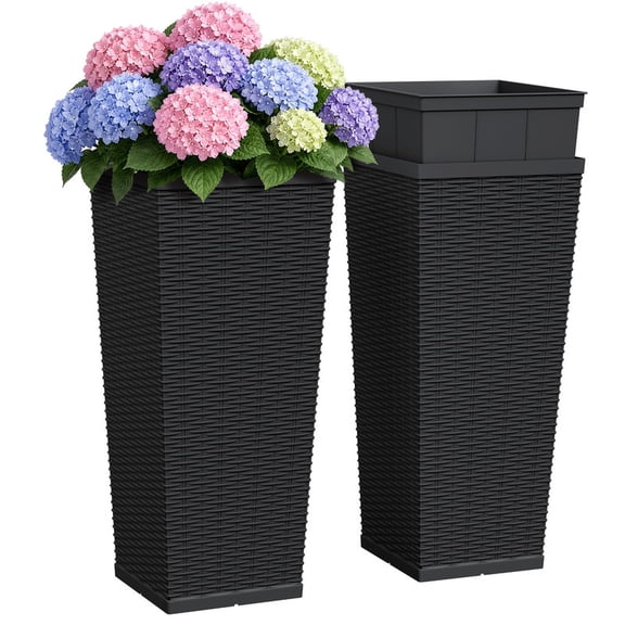 Patiowell 30" Tall Outdoor Plastic Planters set of 2 with Removable Inner Pots, for Patio Porch Decor, Black