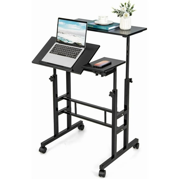 CZMJY Mobile Stand Up Desk, Height Adjustable Home Office Desk with Standing & Seating 2 Modes, Tilting Tabletop & Flexible Wheels, Rolling Laptop Cart Sit Stand Desk (Black)
