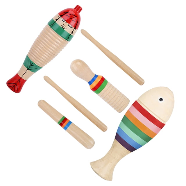 FONDOTIN 3Sets Wooden Guiro Instruments Cute Appearance Music Perception Development Kids Beginner Set For Children