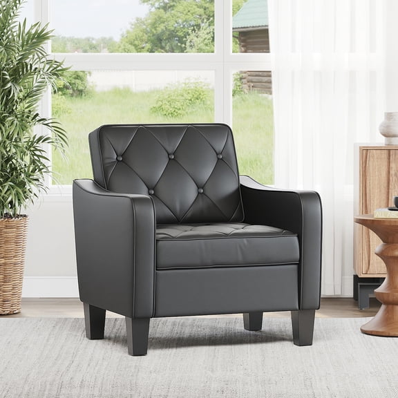 Black Faux Leather Tufted Accent Armchair For Living Room