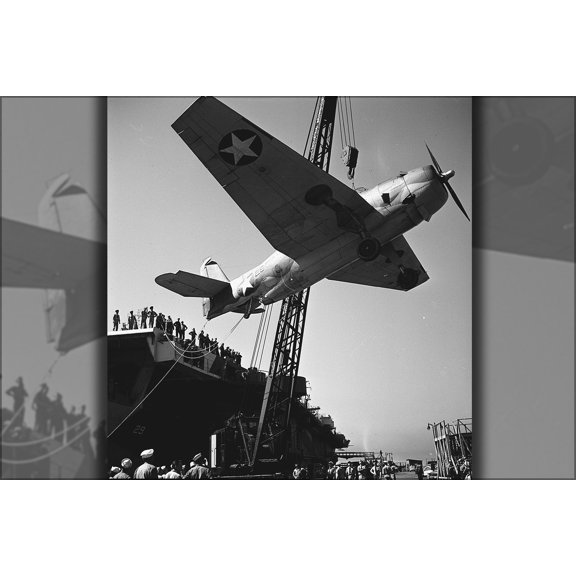 24"x36" Gallery Poster, TBF being hoisted aboard the USS Santee (CVE-29) at a coast port 1942