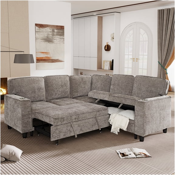 JERFIT Modern 5-Seater L-Shaped Sectional Sofa Bed with Pull-Out Sleeper, USB/Type-C Charging, Storage Chaise, and Durable Chenille Fabric for Living Room, Apartment, Light Brown
