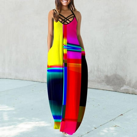 

XIAOFFENN Corset Dress Women s Maxi Dresses Summer Casual V-Neck Sleeveless Vacation Beach Pockets Long Dress Red XXL