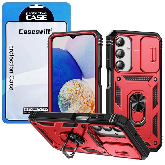 Caseswill for Samsung Galaxy A14 4G/5G Case with 2X Screen Protector, 3in1 Rugged Heavy Duty Shockproof Phone Case with Slide Camera Cover & 360° Rotatable Ring Kickstand