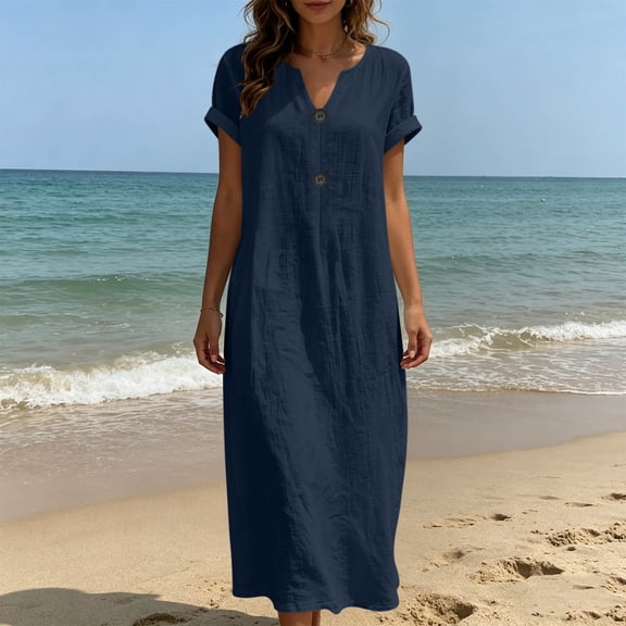 Yteetum Women's Cotton Linen Summer Dresses Short Sleeve V Neck Button Maxi Dresses Sundress Casual Solid Loose Lightweight Breathable Quickly Dry Beach Vacation Dress