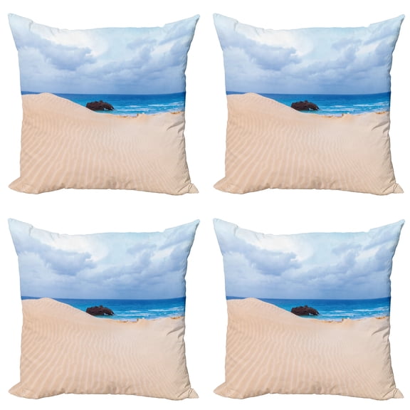 Ambesonne Beach Throw Pillow Cover 4 Pack, Wreck Boat on the Coast, 18", Blue Cream