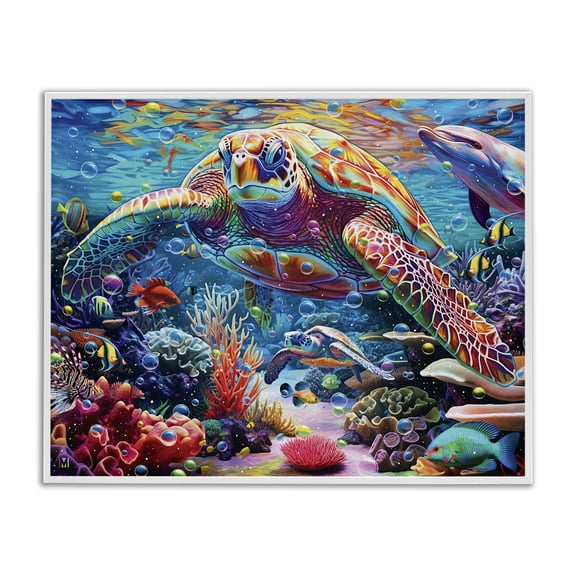Stupell Industries Contemporary Vivid Sea Turtle & Reef White Framed Giclee Art, 14 x 11, by Michael David Ward