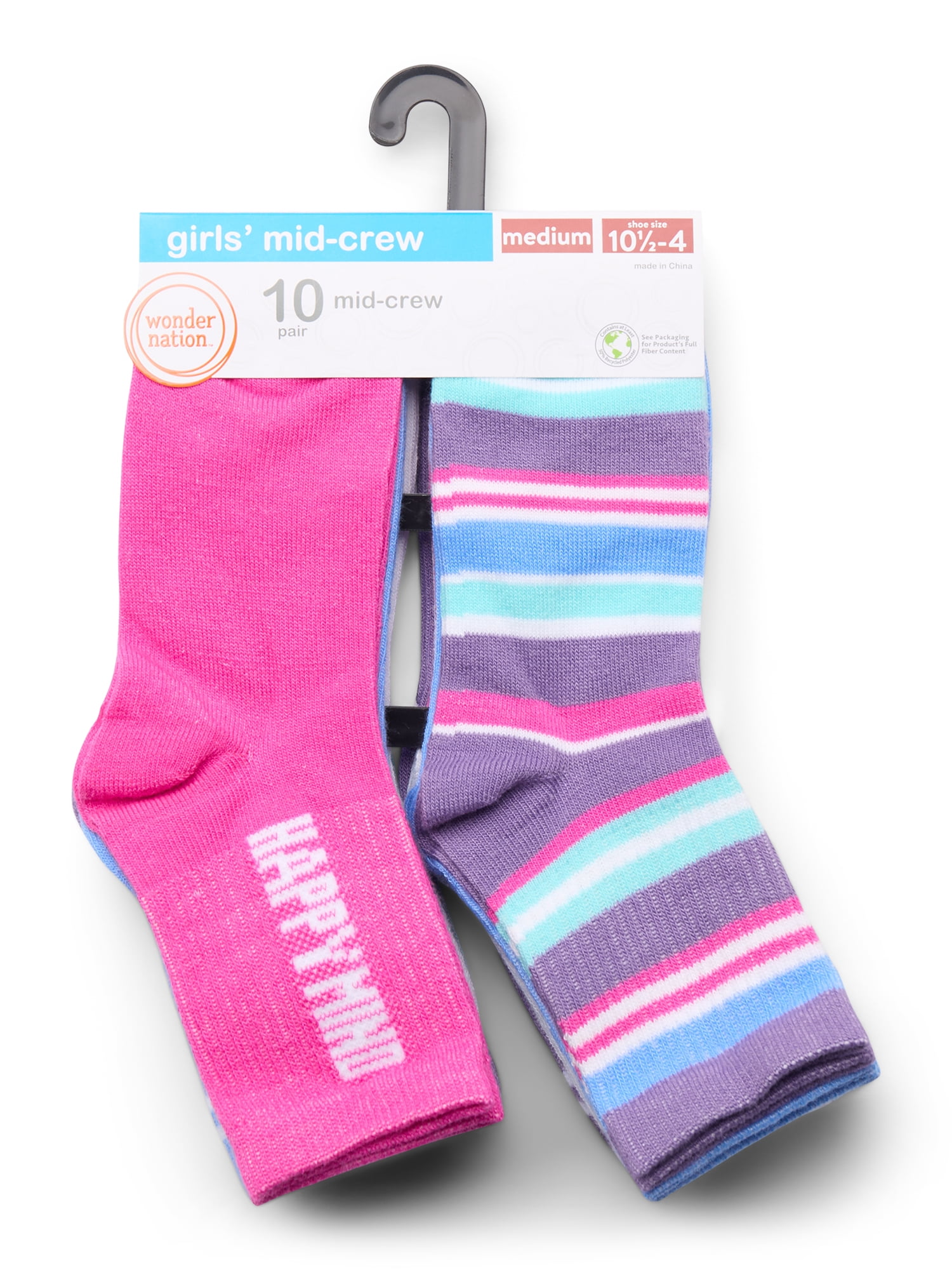 Wonder Nation Girls Mid-Crew Vibes Socks, 10-Pack, Sizes S-L