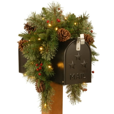 National Tree Company Pre-Lit Feel Real® Artificial Mailbox Swag Decoration, Green, Colonial Fir, LED Lights, Decorated with Pine Cones, Berry Clusters, Christmas Collection, 3 Feet