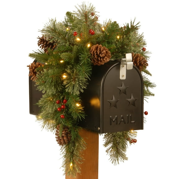 National Tree Company Pre-Lit Feel Real® Artificial Mailbox Swag Decoration, Green, Colonial Fir, LED Lights, Decorated with Pine Cones, Berry Clusters, Christmas Collection, 3 Feet