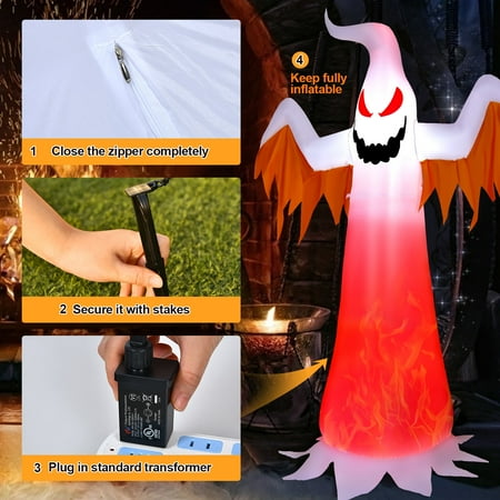 Costway - 8 FT Halloween Inflatable Ghost with Rotatable Flame LED Lights - White