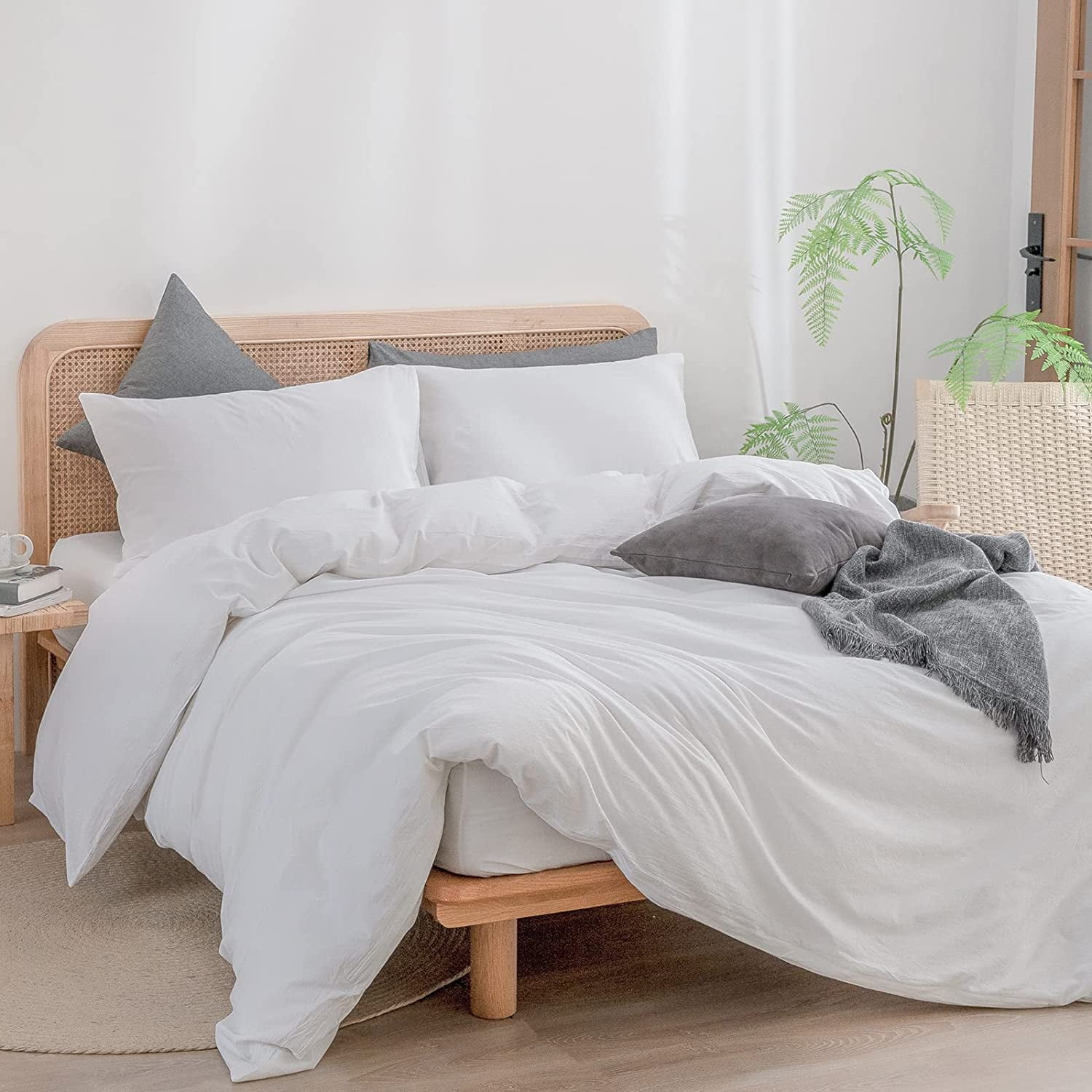 BESTOUCH Duvet Cover Set Full 100% Washed Cotton Linen Feel Soft Chic Lightweight 3Pcs (Bright White, 80"x90")