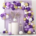 thumbnail image 1 of Kit de arco de globos morados de 128 piezas, kit de guirnaldas de globos morados y dorados, kit de arco de globos blancos morados metálicos, globos de látex para bodas, cumpleaños, 1 of 5