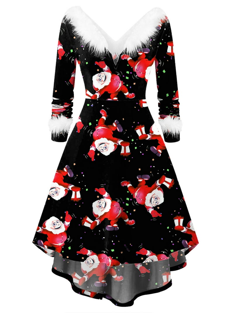 Women Christmas Dress Print Furry Collar Long Sleeve Xmas Party Dress High  Waist Swing Dress - Walmart.com