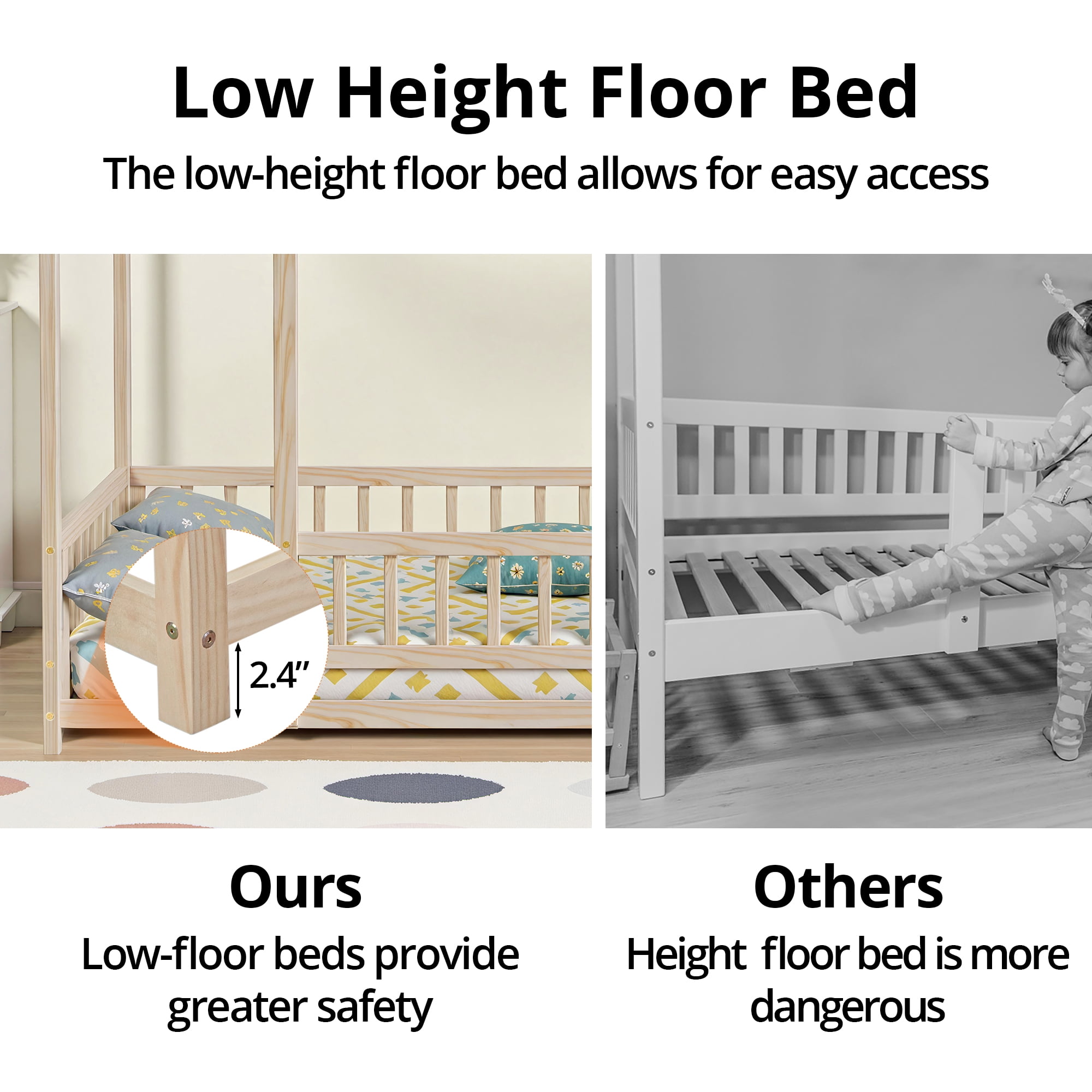 Full Size Floor Bed with Fence for Kids and Toddlers, Montessori Bed Playhouse Bed with Roof, Solid Wood Platform Bed Frame for Boys and Girls Bedroom, No Slats Included (Natural)