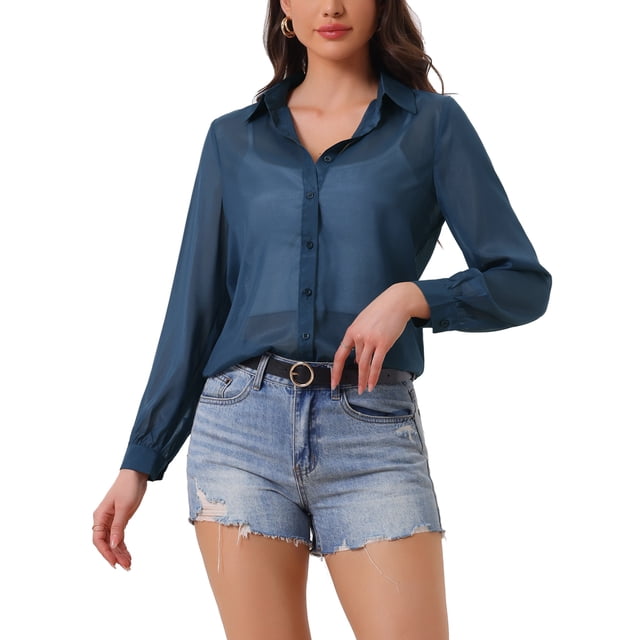 CAMISA MESH TRANSPARENTE DE PUNTA CON CUELLO PARA MUJERES INSPIRAR CHIC MANGA LARGA CON BOTONES TAMAÑO M AZUL OSCURO