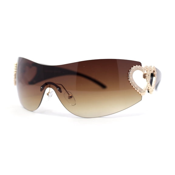 Womens Heart Jewel Wrap Around Curved Shield Monoblock Rimless Sunglasses All Brown