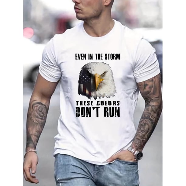 Camiseta creativa para hombre con estampado gráfico de águila "Don't Run", informal, de manga corta y cuello redondo, ligeramente elástica, ideal para verano y actividades al aire libre.