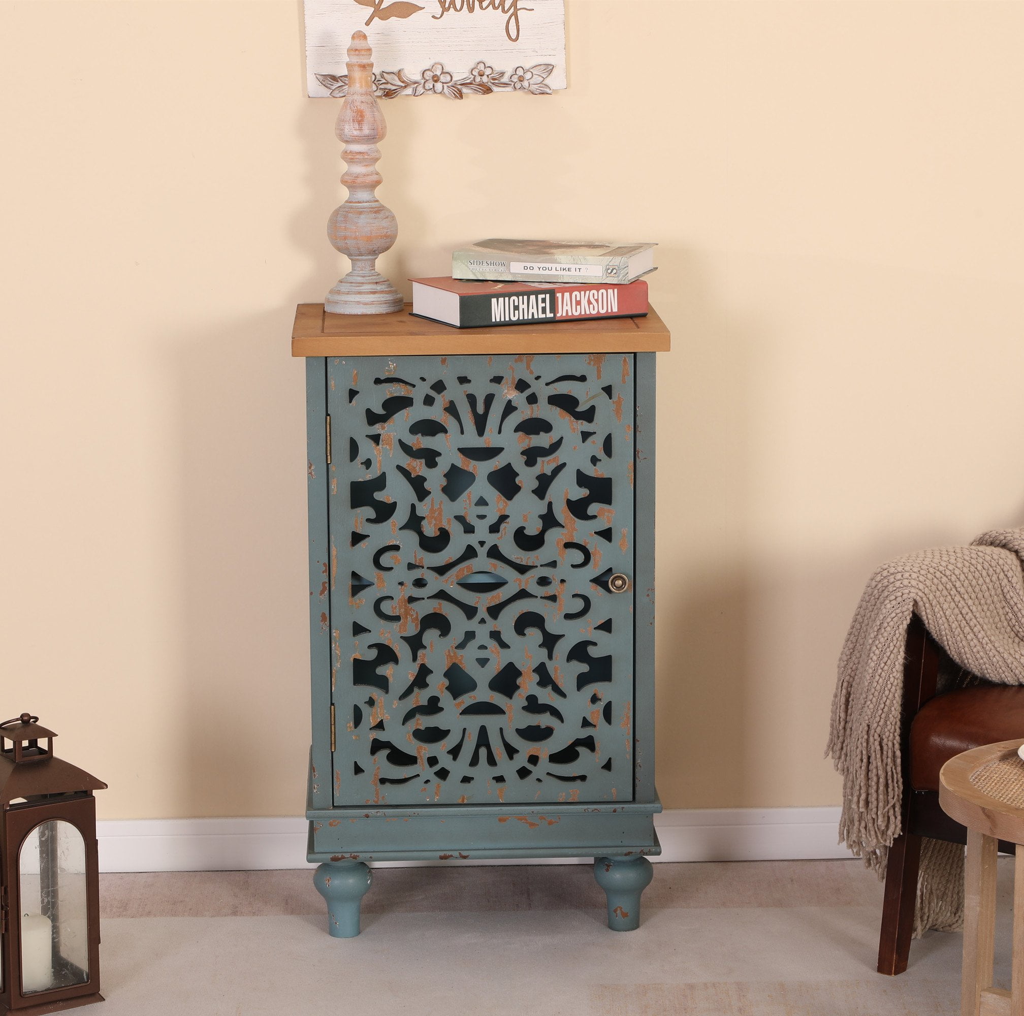 MF Studio HollowCarved Single Door Accent Side Table for Kitchen, Living Room, Blue