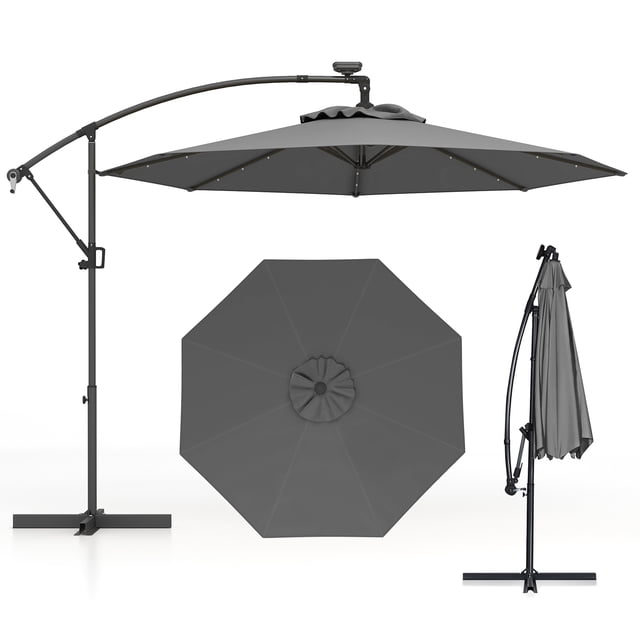 Gymax 10FT Offset Umbrella 360° Rotation Sun Shade Solar Powered LED Gray Patio