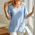 thumbnail image 4 of Yrmaups Loose Fit Short Sleeve T Shirt for Women, Casual V Neck Blouse, Soft Stretch Button Down Tee for Beach Travel Office Daily Wear, Light Blue L, 4 of 8