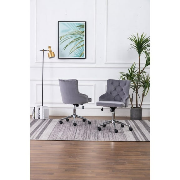 Swivel Office Chair in Dark Gray Velvet with Stainless Steel and Tufted Seat
