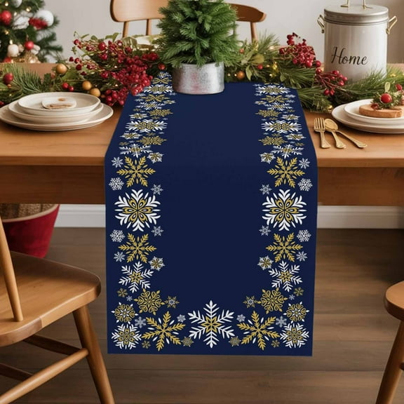 Table Runner 36 Inch Long - Abstract Gold White SnowflakeDecorative Table Scarf,Christmas Geometric ArtDining Table Runners for Wedding Party Kitchen Dining Tables