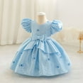 thumbnail image 4 of SERTG Little Girls' Party Dress Sheer Paneled Skirt with Back Zipper Short Sleeve Round Neck Princesse Outfit for 6 Months-4 Years(Blue,18 Months), 4 of 6
