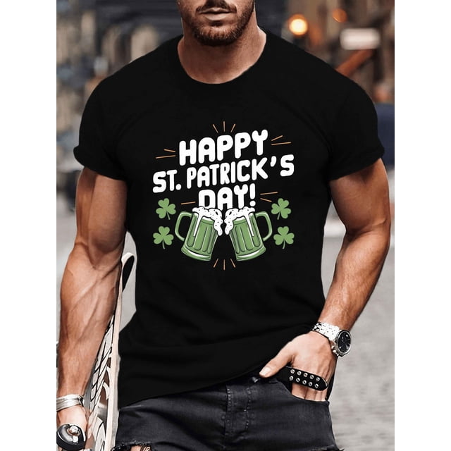 Camiseta verde oliva con gráfico de cerveza y tréboles "Feliz Día de San Patricio" para hombre. Camiseta informal de algodón de manga corta y cuello redondo. Lavable a máquina para verano. Camiseta de