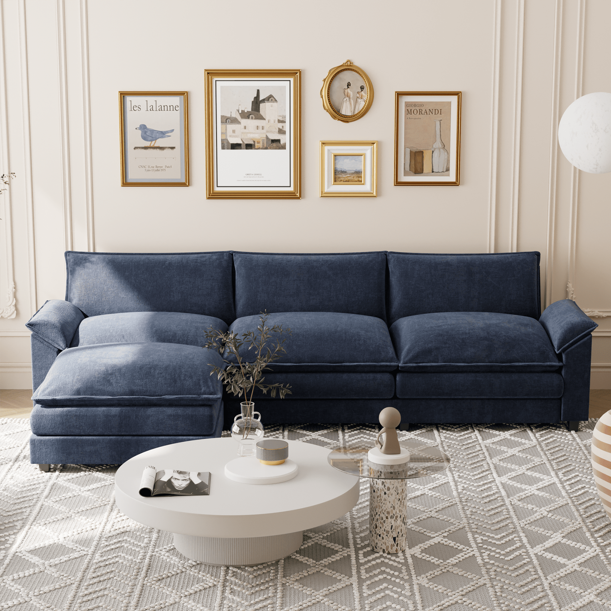 Homall Sectional Sofa 3-seat L-shaped Sofa with reversible toffee chair Movable Footrest Sofa,Blue