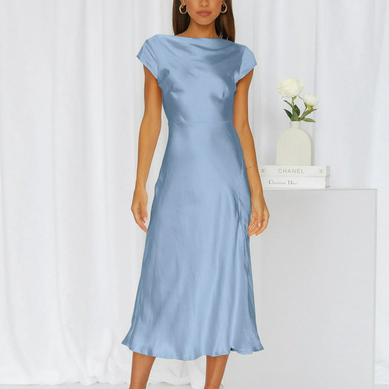 Dresses for Women 2023!Women's Satin Dress Hanging Neck Solid Sleeveless  Split Dress Light Blue/XL
