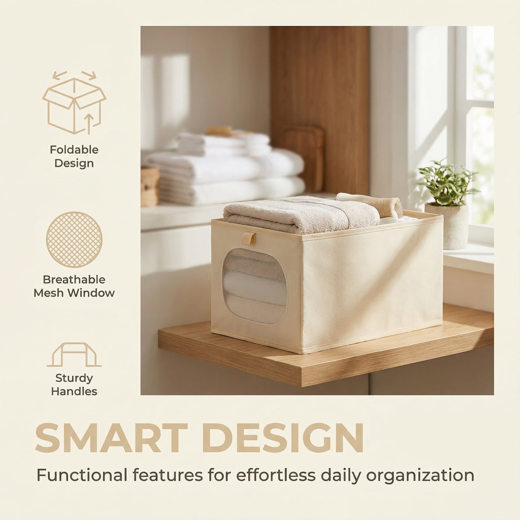 Unique Bargains Fabric Storage Bin With Bottom Beige 18.5*11.8*9.8in