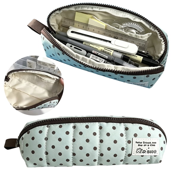 Vivcore Large Capacity Mint Green Polka Dot Pencil Case Canvas Pouch Cute Desk Organizer Bag for Teens College Students