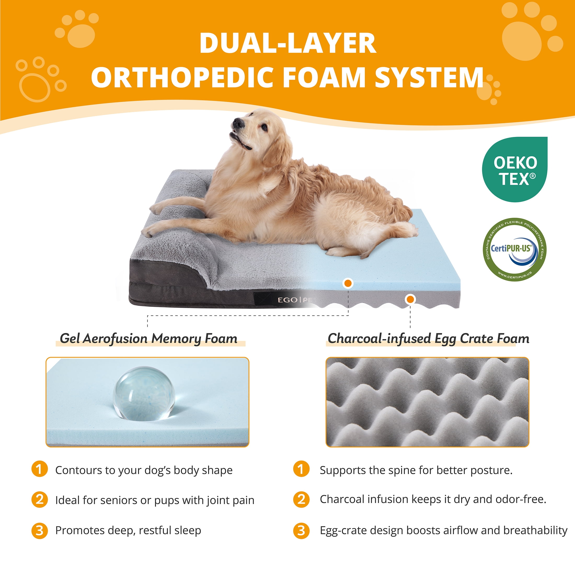 EGOHOME Sofa-Style Pet Orthopedic Bed, 3.5-Sided Bolster Memory Foam Dog Bed for Large and Medium Dogs with Machine Washable Cover and Non-Slip Bottom, XL (41"x27"x6.5")