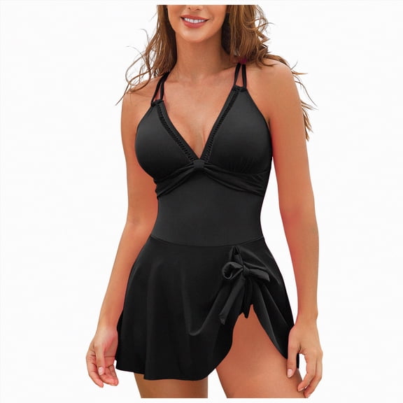 Linfrsh Women'S Swimsuits One Piece Swim Dress Swimsuits for Women Tummy Control Swimdress Skirt Bathing Suit(Black,2XL)