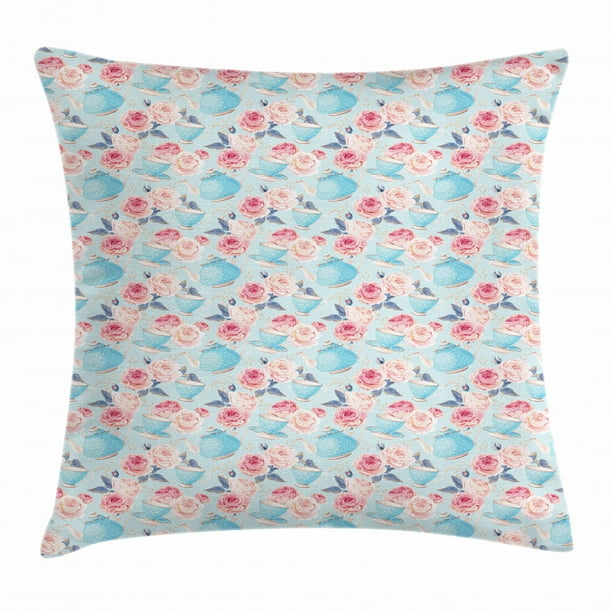 Aqua and Coral Throw Pillow Cushion Cover, Vintage Blue Shaded Teapots