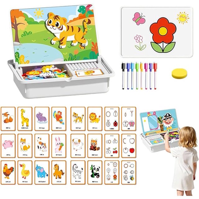 Magnetic Puzzle Learning Building Block Toys, Puzzle On The Front, Drawing On The Back, Enhances Creativity and Learning Portable & Easy Storage
