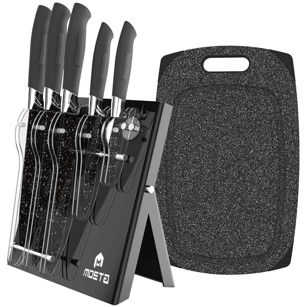 Ceramic Coated Knife Block Set with 16Pc or 5Pc Kitchen Knives, Chef