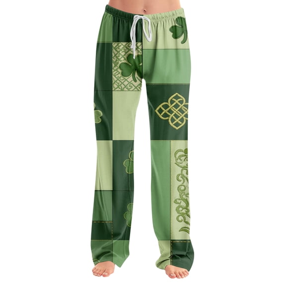 Fgvctg Womens Pajama Pants St. Patrick's Day Loungewear Sleepwear Wide Leg Pajamas Shamrock Clover Graphic High Waisted Pj Pants Stretch Spring Fall Drawstring Lounge Pants with Pockets Green S