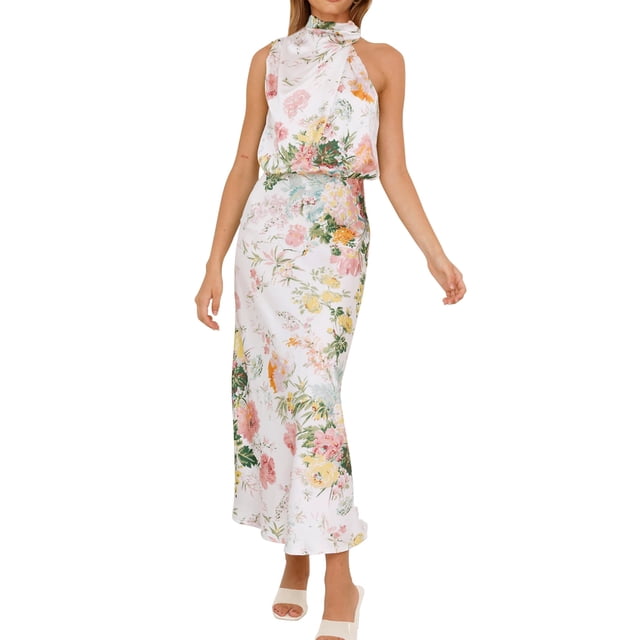 Vestido Maxi de Satén sin Mangas con Cuello Simulado Blanco PRETTYGARDEN Talla L