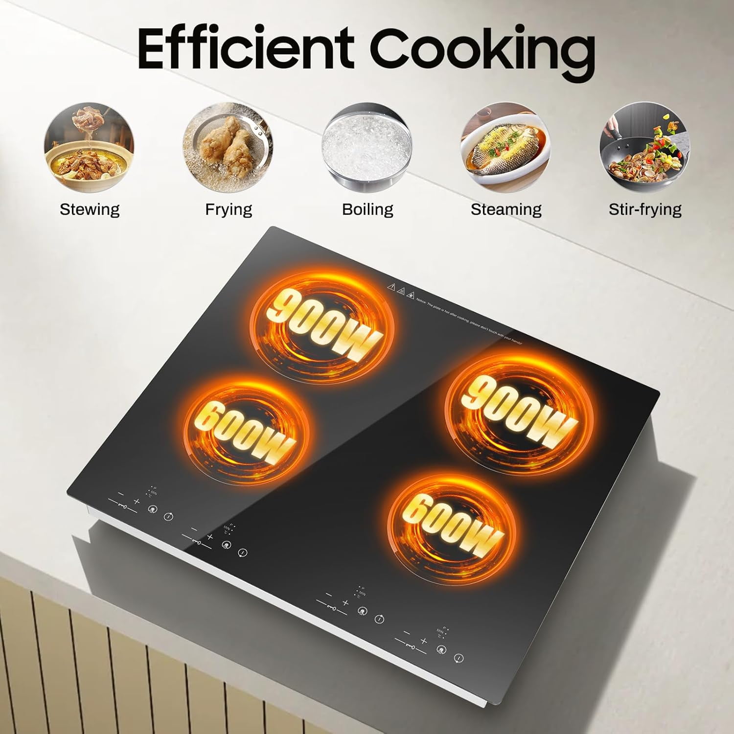 4 Burner Electric Cooktop 110V, 23 Inch Countertop and Built in Electric Kitchen Stove, 3000W Hob Top for Cooking 9 Speed Touch Adjustable (80-650°C) with LED Display