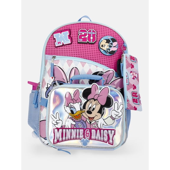 Disney Minnie Mouse Girls 17" Minnie & Daisy Backpack with Pencil Pouch, Water Bottle, & Lunch Box, Pink