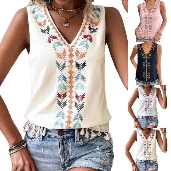 FengLS Womens Sleeveless Tops Summer V-Neck Tassel Trim Hem Tops Casual Ethnic-Style Embroidered Tank Tops