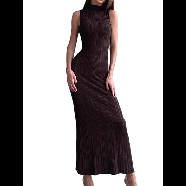 Vestido Informal de Punto Acanalado para Mujer, Sin Mangas, Ajustado, Elegante, para Salir A la Playa o Vacaciones. Color Café L