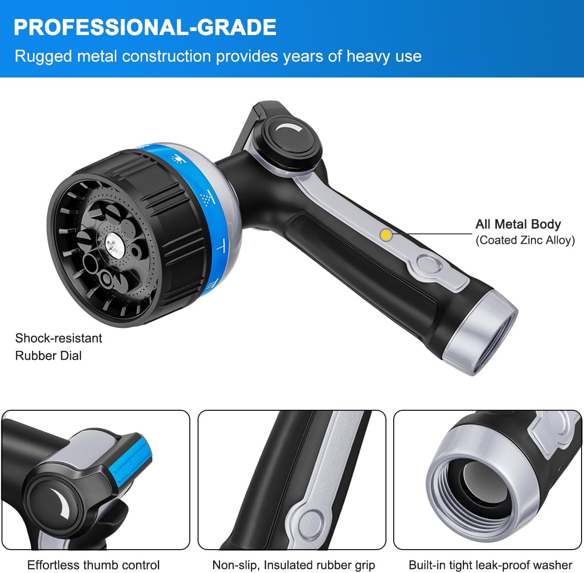 FANHAO Heavy Duty Metal Hose Nozzle with 10 Spray Patterns, Thumb Control On/Off Valve, High Pressure Water Nozzle for Plants