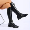 thumbnail image 6 of Women’s Full Lace Up Knee High Combat Boots, Round Toe Low Flat Heel Leather Tall Boots, Side Zipper Moto Riding Shoes Black 7(39), 6 of 9